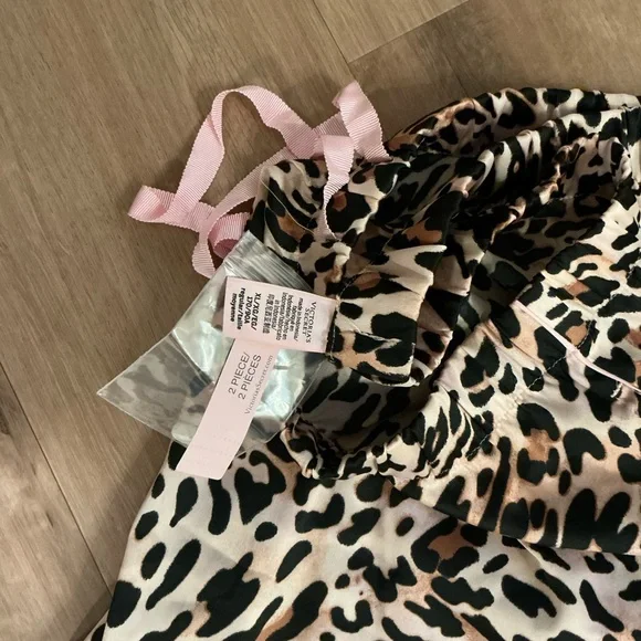 Victoria’s Secret -Leopard Print Satin Pajama Top with Pink Piping and Pants - Picture 3 of 6